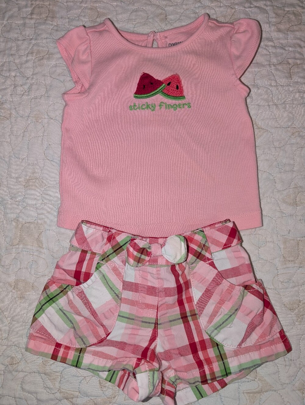 🍉 Gymboree Summer Picnic Watermelon Pink Baby Top & Plaid Shorts Set Outfit 3-6